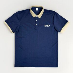 NASA Logo Men's Short Sleeves Polo Shirt Size XL Navy Blue Beige Polyester NWOT
